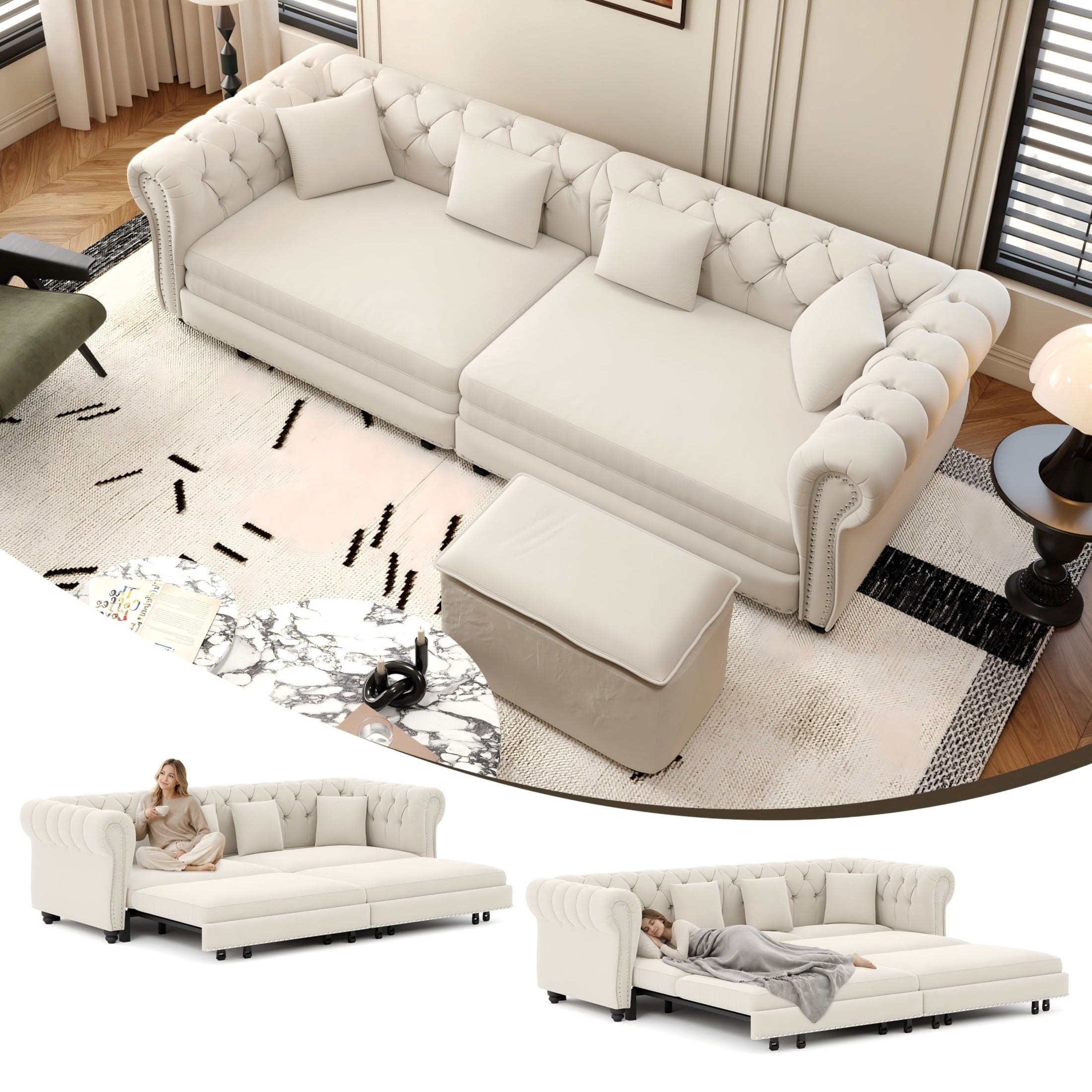 Noble House Ulwick Velvet Chesterfield Pull-Out Sofa Bed, 3-in-1 Convertible Sleeper Couch with Movable Ottoman, Beige White