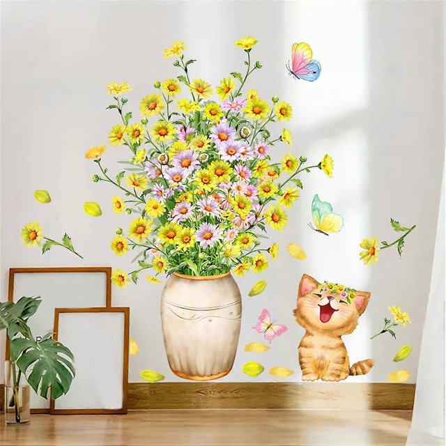 Yellow Daisy Cute Kitten Wall Stickers, sacinora Cartoon Cat Flower Wall Decals Removable Vinyl Peel and Stick for Living Room Children's Room Bedroom