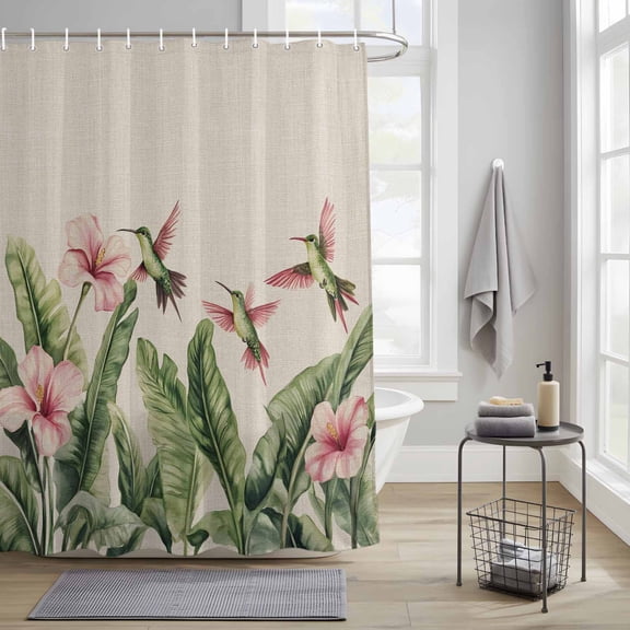 Bathroom Shower Curtain Summer Hummingbird Floral Leaf Waterproof Shower Curtains with Hooks, Watercolor Retro Linen Plants Bath Curtains Bathtub Curtain Home Decor 36x72in
