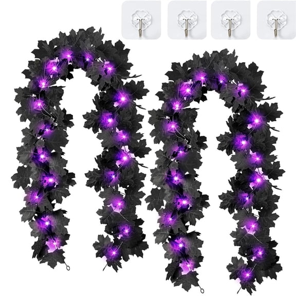 NOGIS Black Leaf Garland with Purple Lights, 2 Pack Halloween Artificial Hanging Fall Leave Vines with 20 LED, Fall Floral Garlands Thanksgiving Decor for Home Wedding Party (6.56Ft)