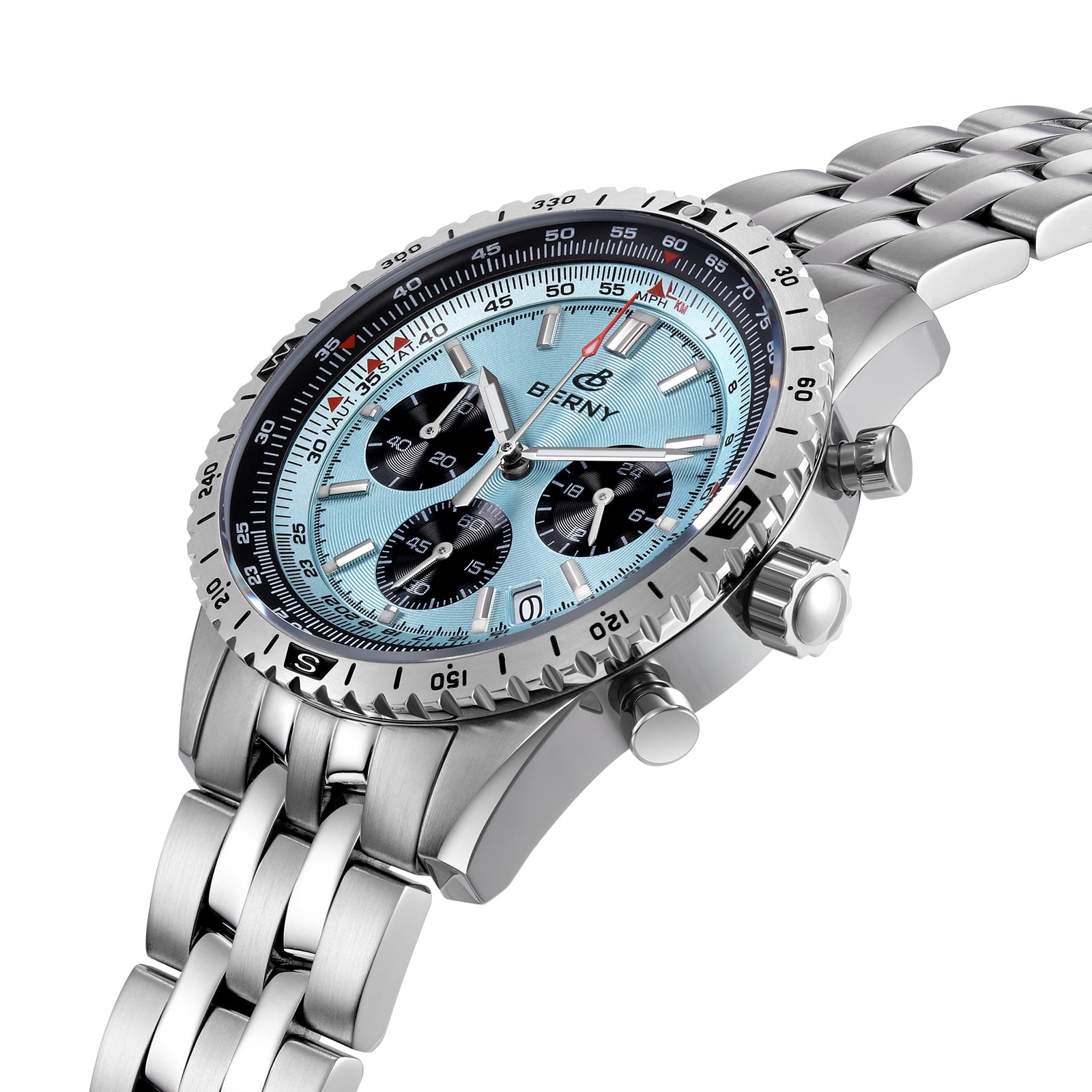 BERNY Silver Chronograph Watches for Men, Sport Luxury Analog Quartz Watch with Tachymeter, Stainless Steel, Waterproof, Luminous, Sapphire Crystal, Date Calender, Men's Wristwatch (Light Blue)