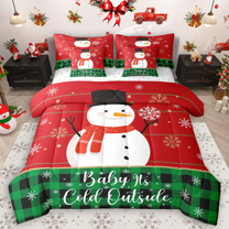 Manfei Kids Snowman Bedding Comforter Set 7pcs for Boys Girls, Winter Snowflakes King Bedding Sets, Merry Christmas Bed Sheets, Red Green Plaid Bedroom Decor