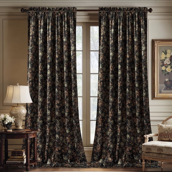 NICETOWN Velvet Curtains 84 inches Long, Printed Floral Vintage Thermal Insulated Room Darkening Rod Pocket Drapes for Bedroom Living Room, Black, 52"x84", 2 Panels