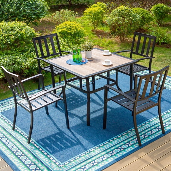 SUMMIT LIVING 5-Piece Outdoor Patio Dining Set with Stacking Chairs & Faux Wood Table for 4-Person, Metal Steel, Black