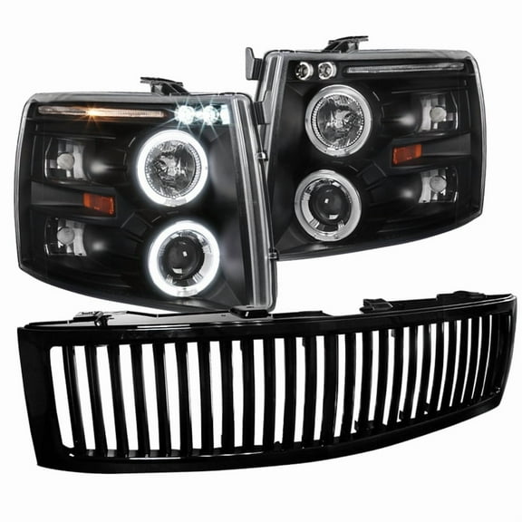 Spec-D Tuning Black Housing Halo Projector Headlights Front Grille Compatible with 2007-2013 Chevy Silverado Lt Ls Ltz Left   Right Pair Headlamps Assembly