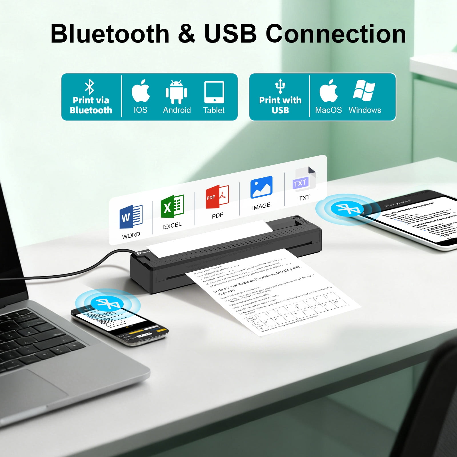 Milestone Portable Wireless Thermal Printer, 8.5" x 11" US Letter Inkless Compact Bluetooth Printer for iPhone Android Laptop for Home Office School