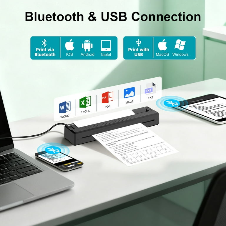 Draagbare draadloze printers voor reizen, inktloze thermische printer, M08F Bluetooth mobiele printer, ondersteuning 8,5 inch x 11 inch Amerikaanse brief, compatibel met Android en iOS & laptop