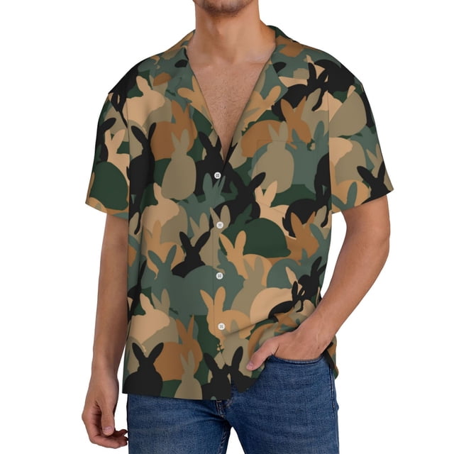 Balery Camouflage Rabbit Camisa Casual de Manga Corta con Botones para Hombre, Texturizada, Estilo Cubano, para Playa, Verano-Medium