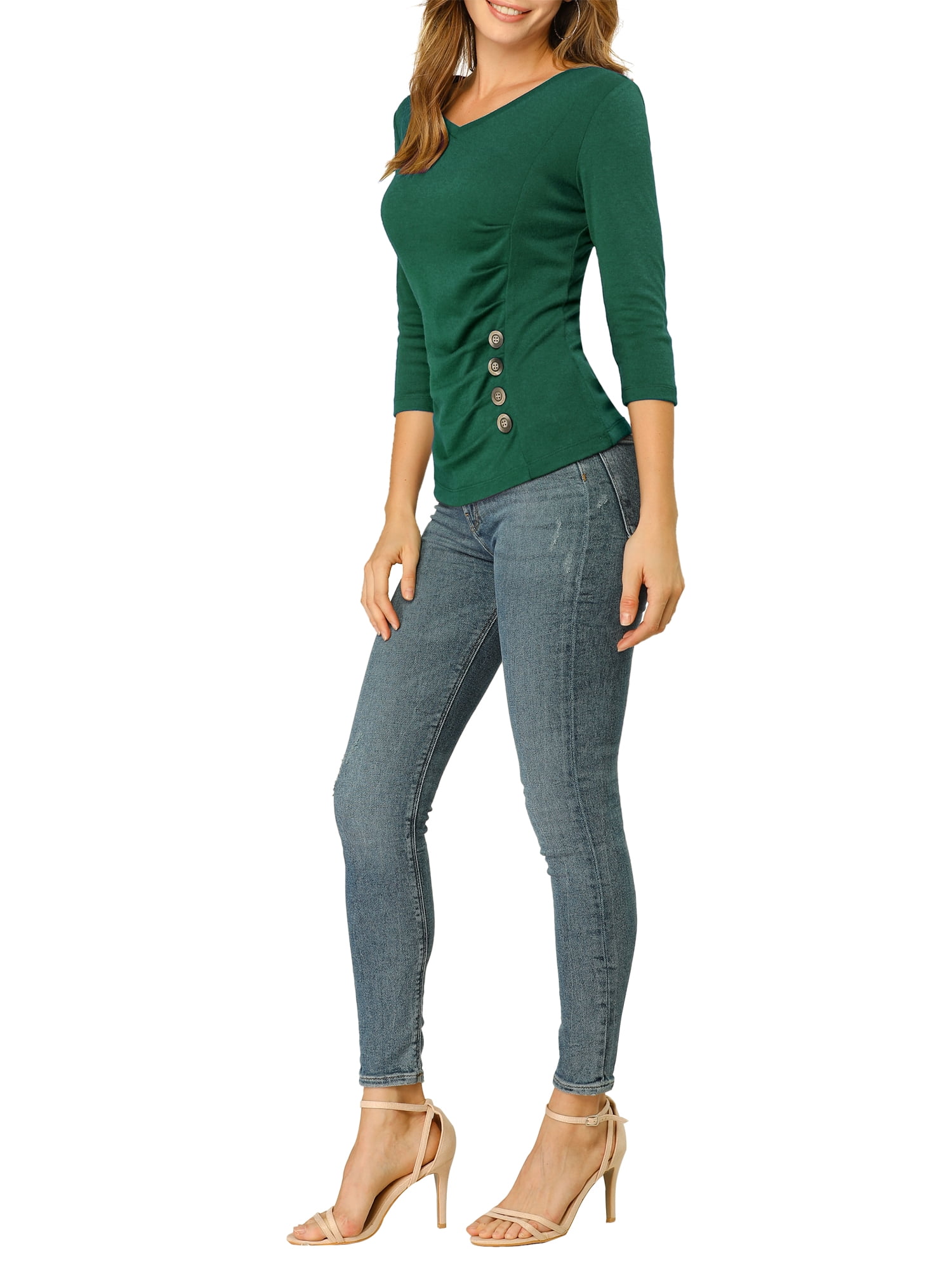 DARING DIVA V Neck Knitted Buttons Decor Ruched Blouse Top S Green
