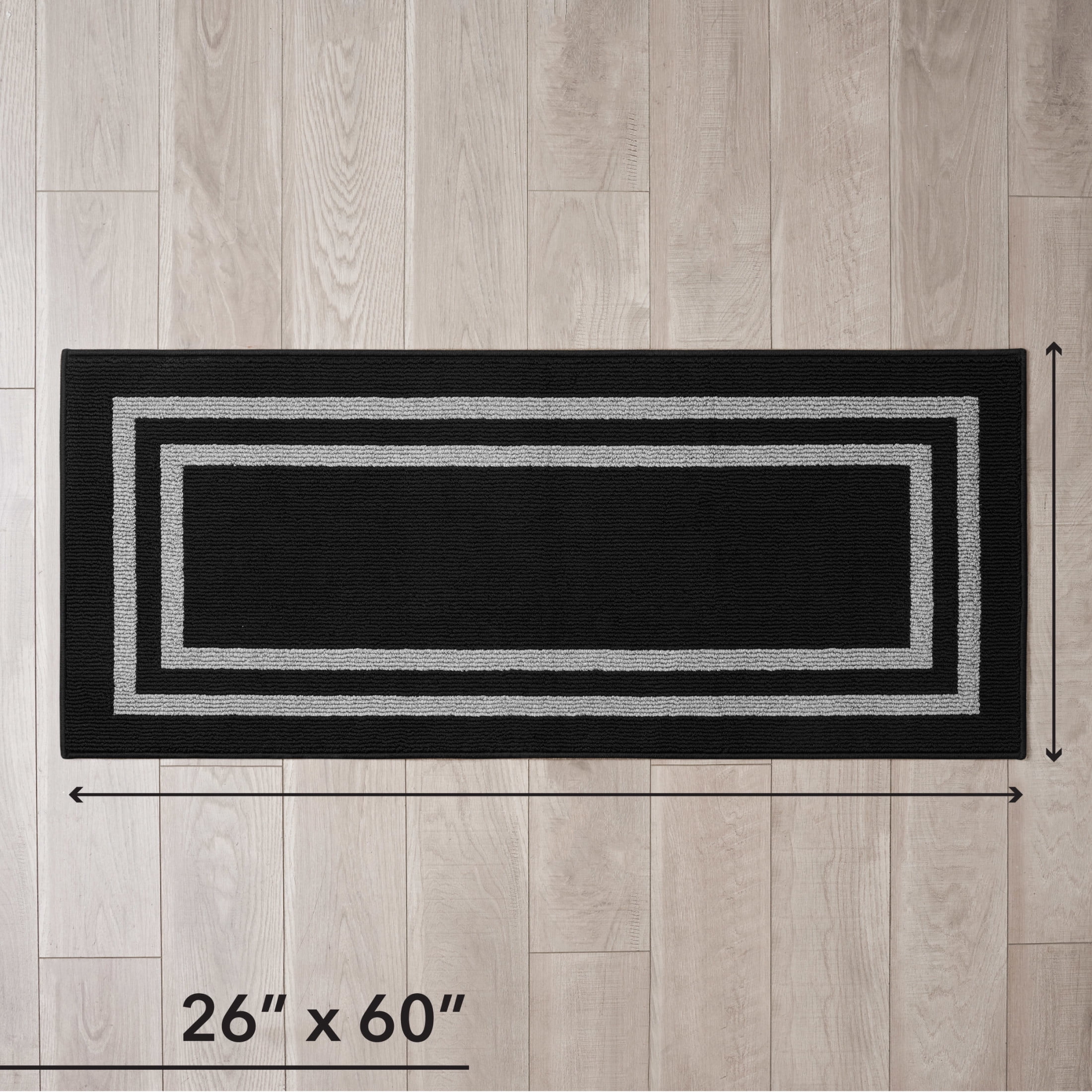 Washable Skid-Resistant Runner Rug, Border, Black and Twisted Grey, 26" x 60"
