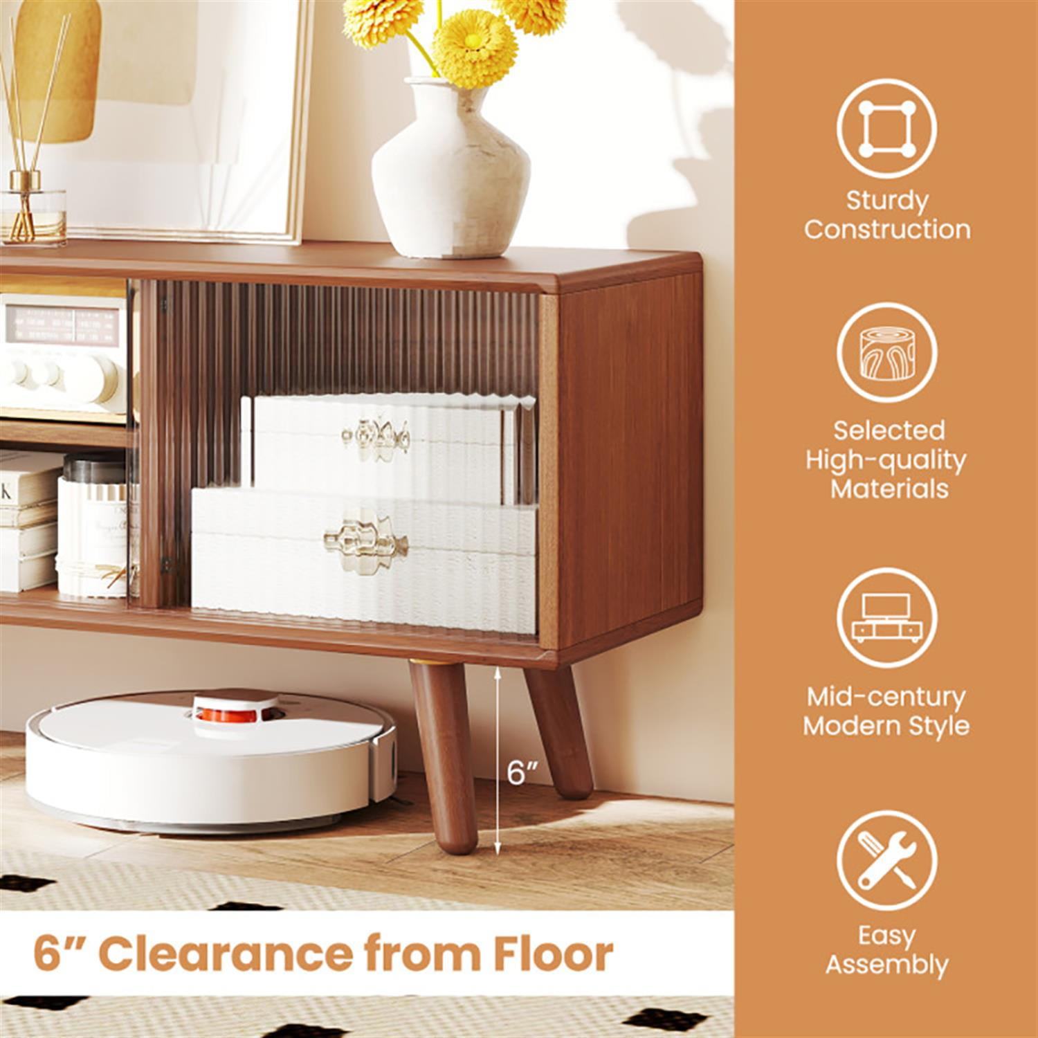 Demi Bonn TV Stand for 50" TVs, Entertainment Center with Rattan Glass Sliding Doors, Modern Media TV Console Table for Living Room Bedroom, Brown