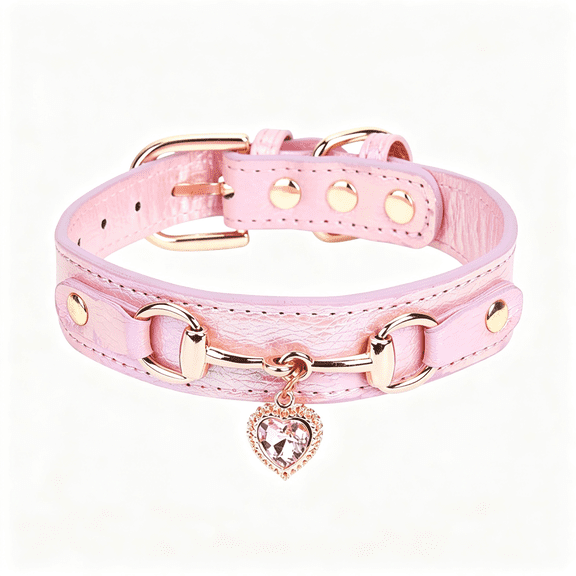 AOMRCOL Fashion Dog Collar with Bling Diamonds & Heart Charm - 5 Holes Adjustable Pu Leather Rhinestones Necklace Collar, Gold Buckle for Small Dogs Girl (Pink, Xs)