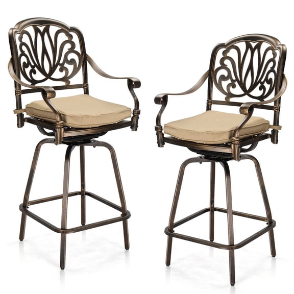 Set of 2 Cast Aluminum Outdoor Swivel Bar Stools All Weather Patio Bar Height Chairs with Elegant Elizabethan Back