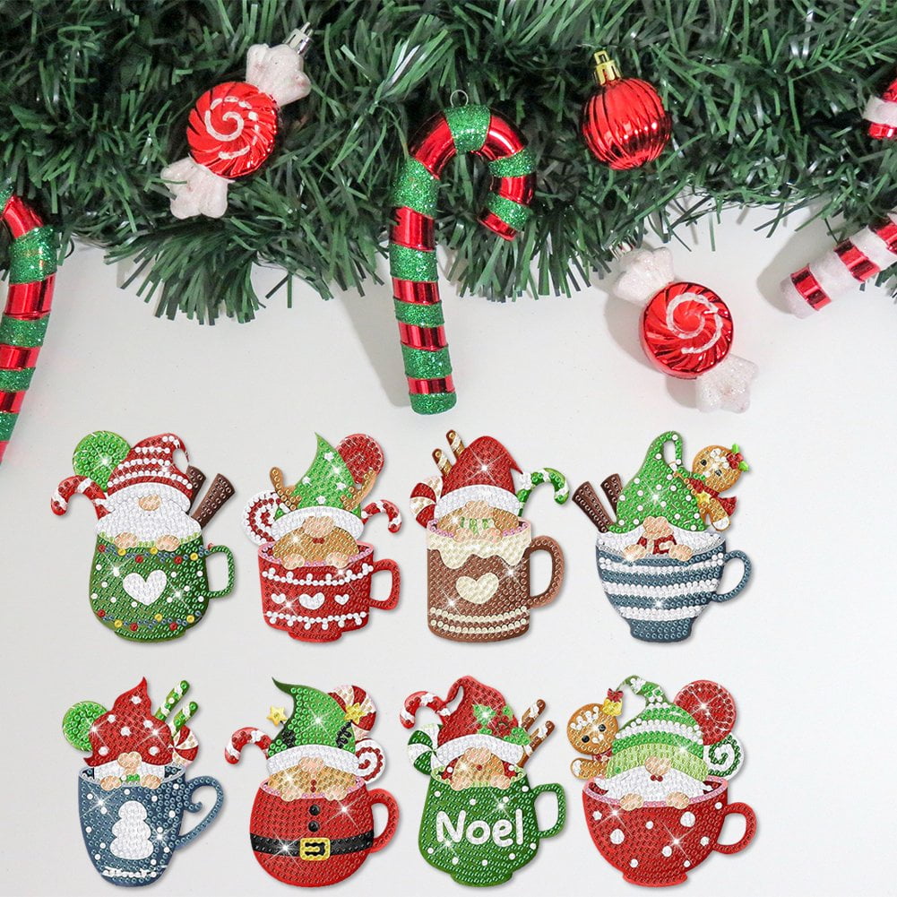 8Pcs Diamond Painting Coasters Christmas Santa Claus Diamond Acrylic Coasters with Holder Diamond Art Cup Coasters for Christmas Party