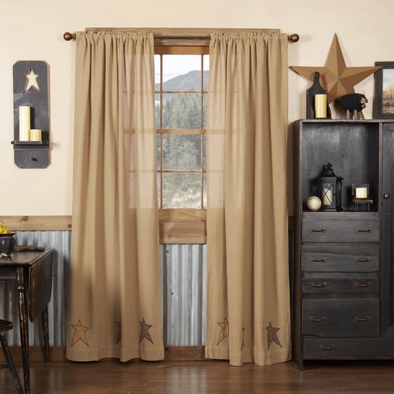VHC Brands Stratton Burlap Applique Star Panels Set of 2 84x40 Country Curtains, Tan