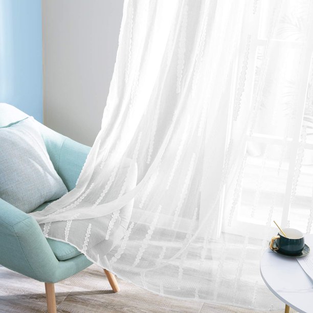 Cortinas transparentes Deconovo con bolsillo para varilla, de jacquard y rayas blancas, para sala de estar, 132 cm de ancho x 137 cm de largo (juego de 2)