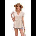thumbnail image 3 of Blusa Informal de Corta con Cuello en V y Volantes para Mujer, Camisa de Botones de Estilo Formal, Color Albaricoque, Talla S, 3 of 8