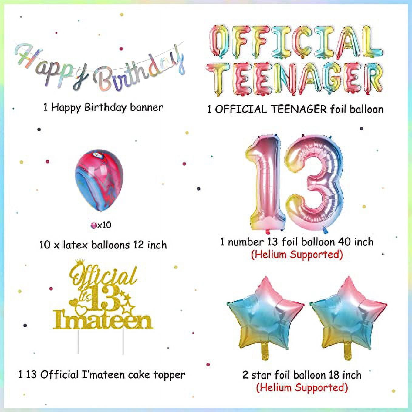 Rainbow 13th Birthday Decorations for Girls Happy 13th Birthday Party Decoration Supplies with Happy Birthday Banner Number 13 Foil Balloons 13 Year Old Cake Topper
