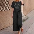 thumbnail image 3 of CILENON 2 Piece Travel Outfits for Women Womens Casual Printing Suit Crew Neck Short Sleeve Shirt And Trousers Pants Two Piece Set Plus Size Casual Outfits Womens Clothing Clearance Sale (Black,L), 3 of 5