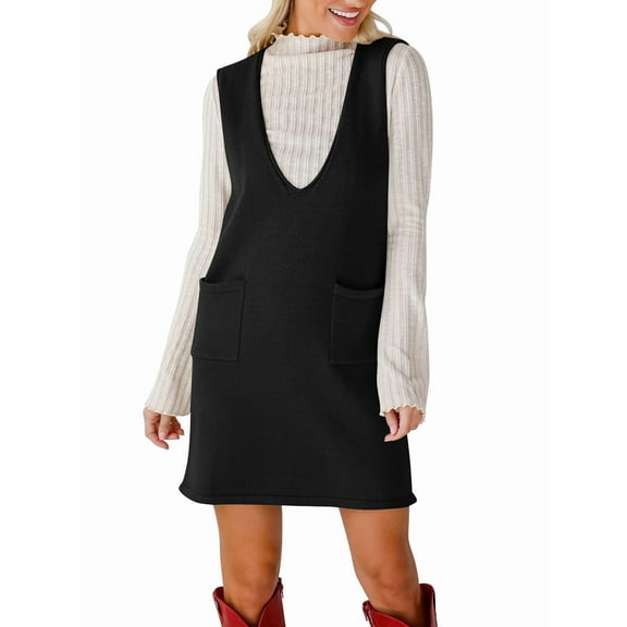Women'S V Neck Sleeveless Knitted Solid Short Sweater Dress with Pockets Black L