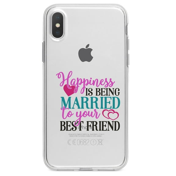 DistinctInk Clear Shockproof Hybrid Case for iPhone XR (6.1" Screen) - TPU Bumper Acrylic Back Tempered Glass Screen Protector - Happiness Married to Your Best Friend