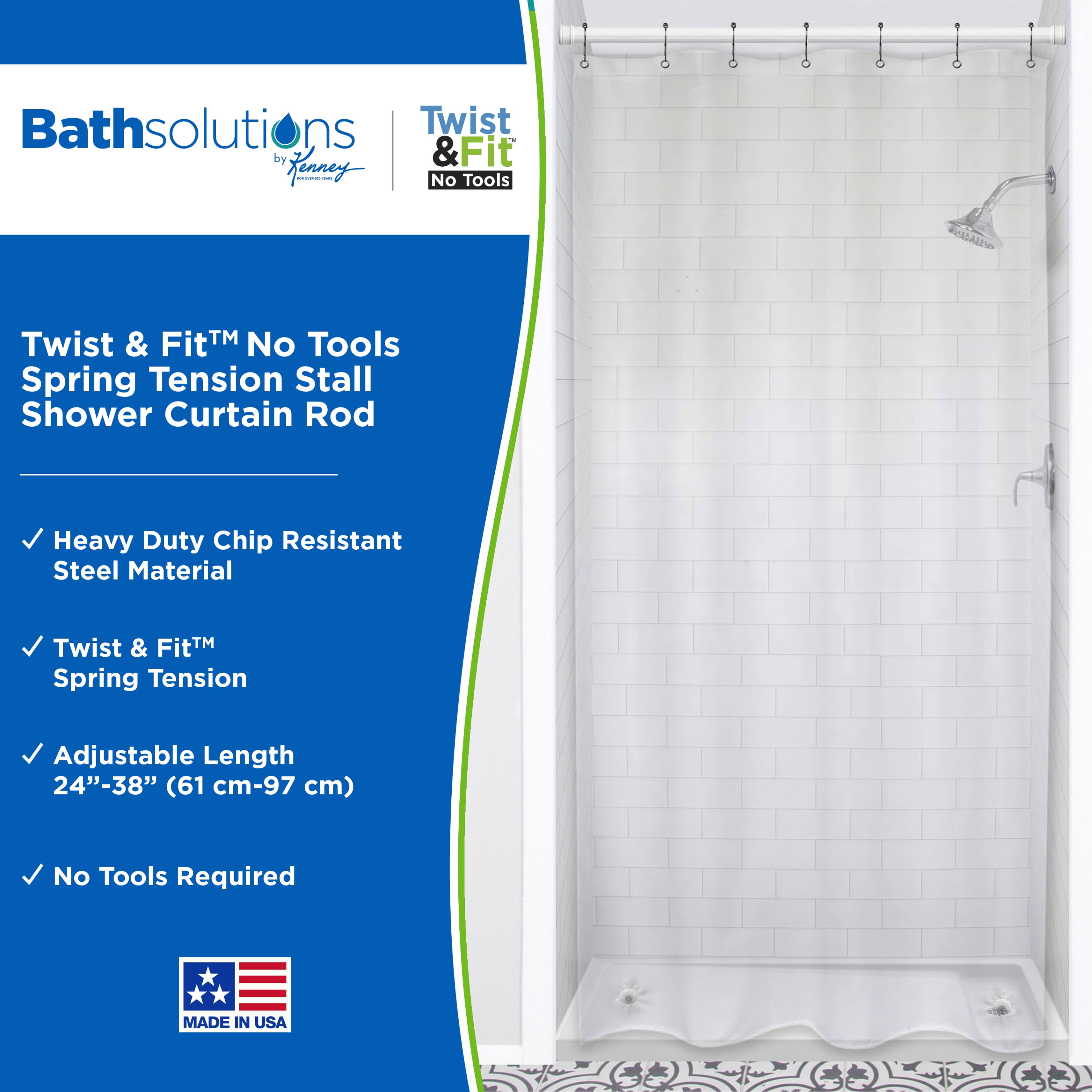 Kenney® Twist & Fit™ No Tools, Rust-Resistant Coated Steel, Spring Tension, Stall Shower Curtain Rod, 24-38", White