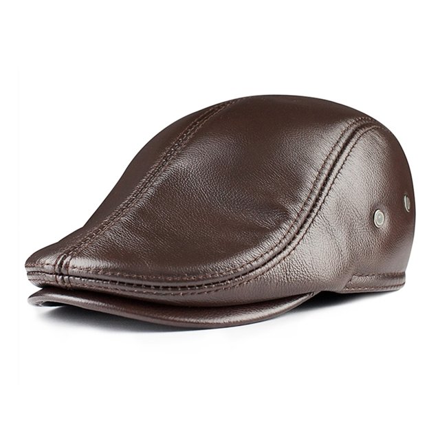 Mens Beret Real Leather Flat Cap Brown Earflaps Warm Autumn Winter Driver Hat Newsboy