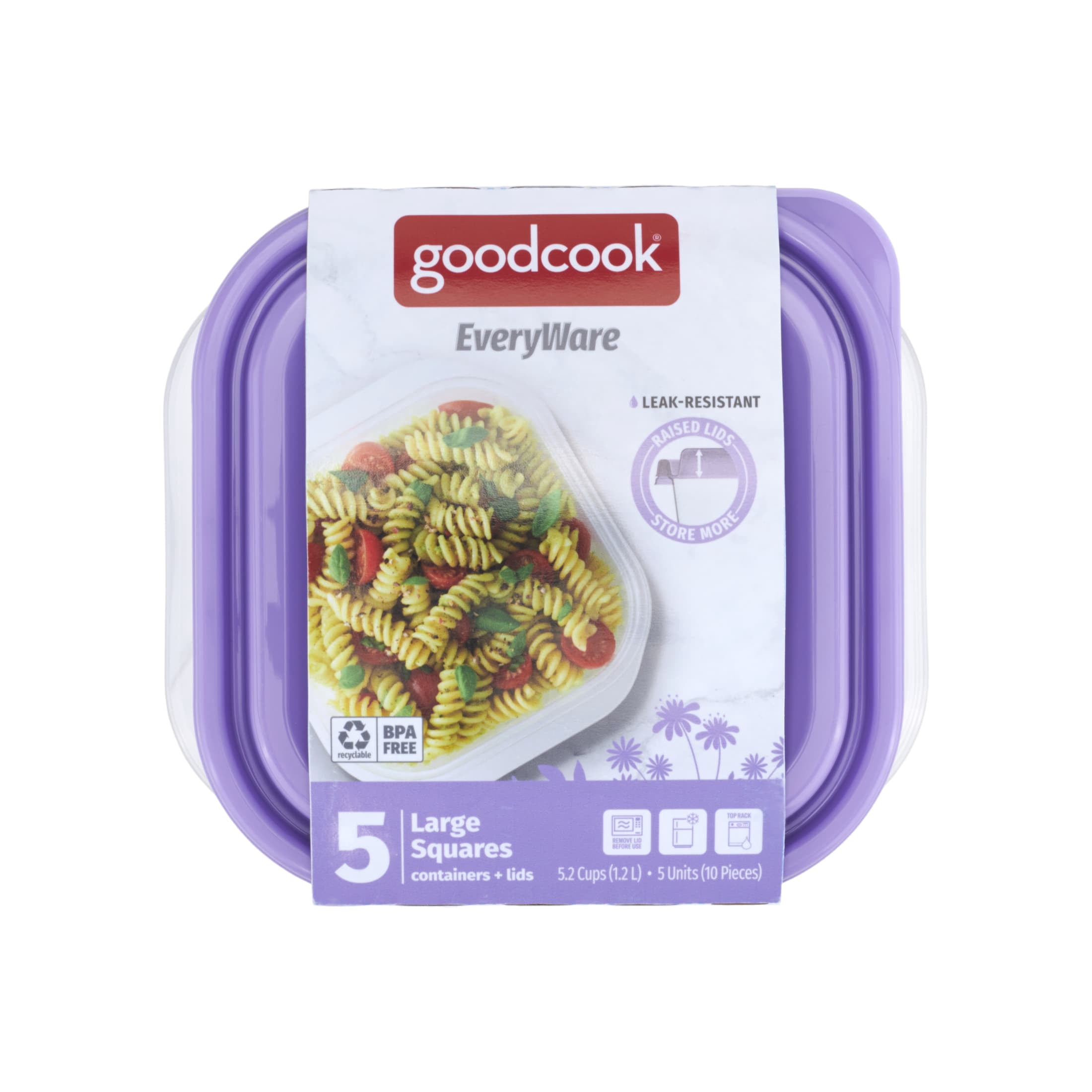 GoodCook EveryWare Large 5.2 Cup Square Food Storage Container, Set of 10, Purple, BPA Free