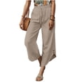 thumbnail image 2 of Women's Summer Wide Leg Linen Capris Drawstring Elastic Waist Loose Fitting Breathable Asymmetrical Hem Cropped Trousers Khaki M, 2 of 6