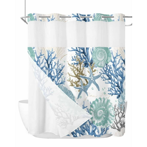 No Hook Cloth Fabric Shower Curtain with Snap in Liner, Blue Teal Coastal Waterproof Shower Curtains Set with See Through Top Window, Summer Beach Nautical Coral Starfish Bath Curtains Shower 72"x72"