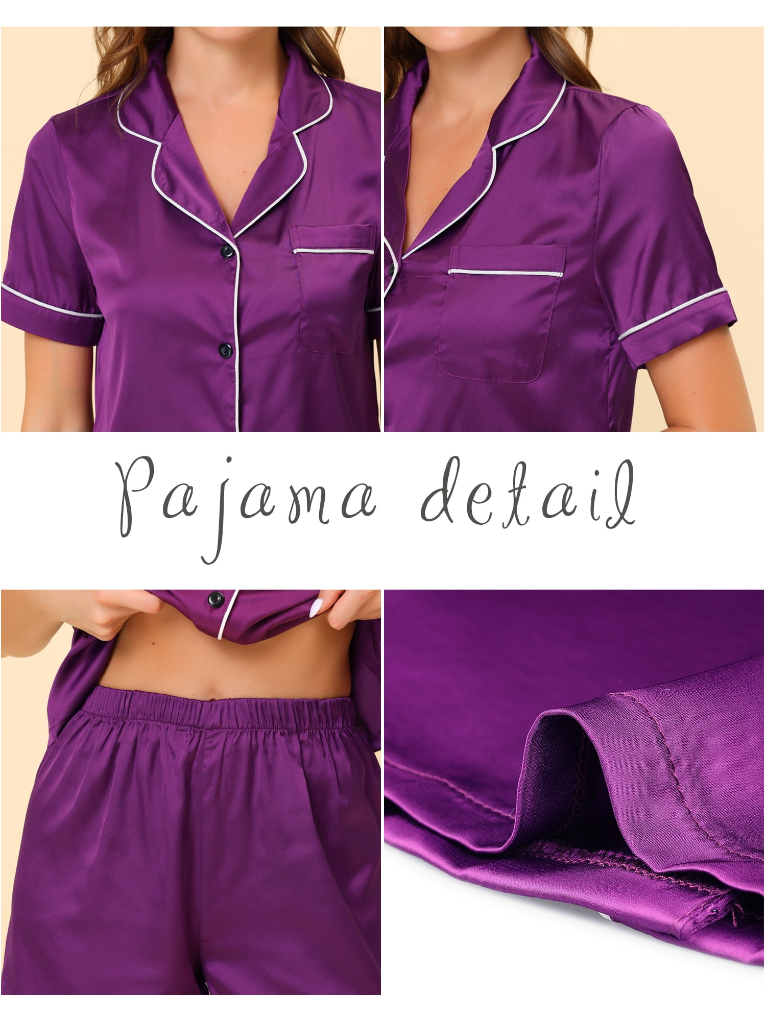 Unique Bargains Women's Pajama Short Sleeves Button Down Top and Shorts Satin Sets XL Purple