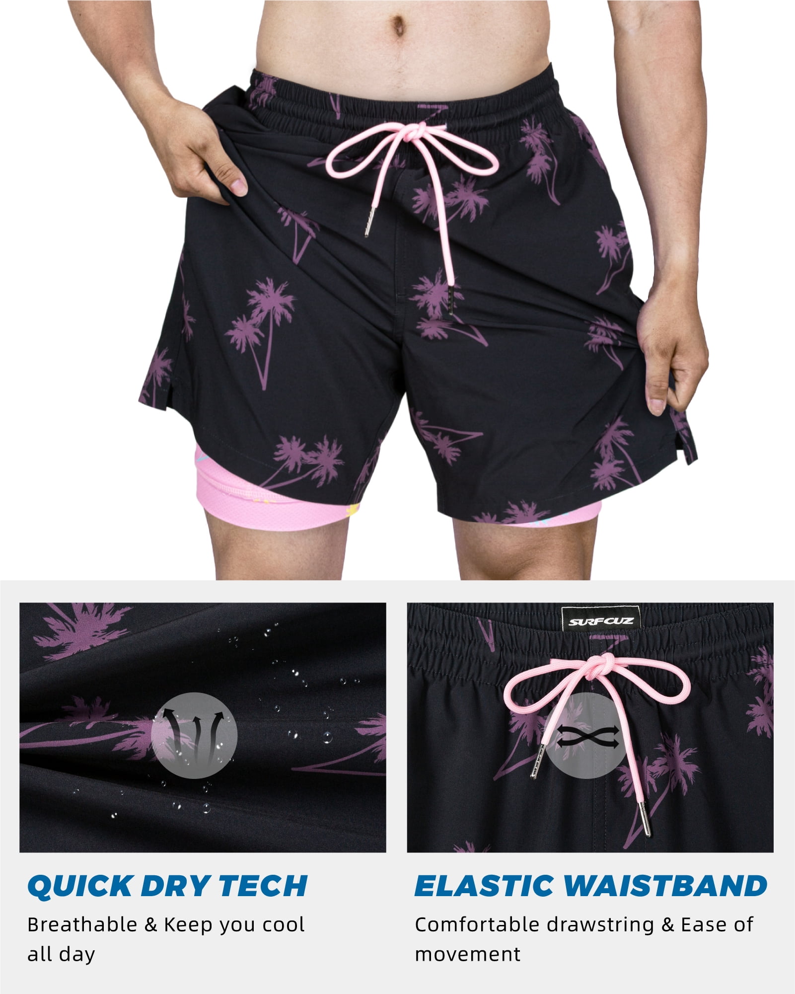 SURF CUZ Mens Swim Trunks with Compression Liner Quick Dry Swim Shorts 7" Swimming Trunks Stretch Bathing Suit Boardshorts Zipper Pockets Black Palm Tree XX-Large