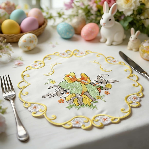 Amzcrzy Polyester Napperons en Fibre de Pâques Ronds Brodés Napperons Lapin Oeuf Floral Déco de Table de Printemps Fermes Napperon de Table de Salle à Manger Décoration de Cuisine des Fêtes Déco Maison Déco Maison Déco de Chambre