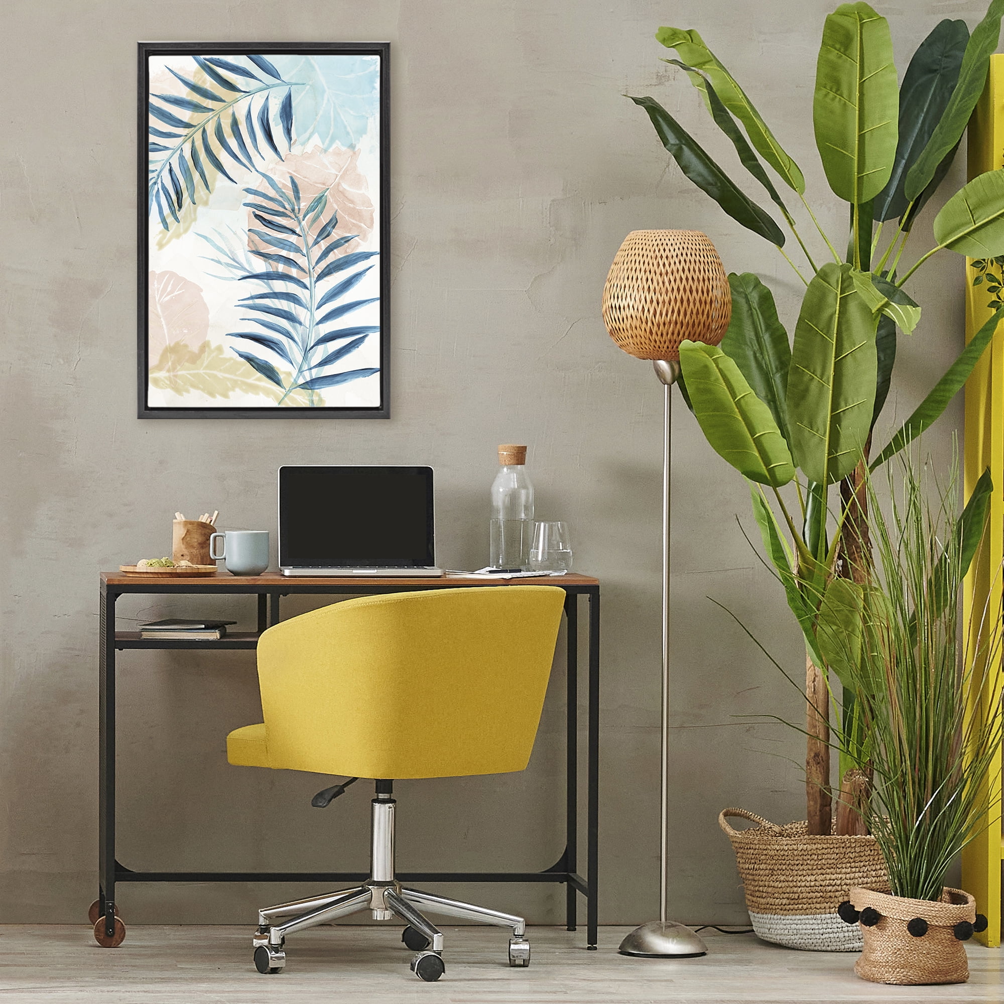 Stupell Industries Blue Palm Fronds in Pastel Haze Black Framed Floater Canvas Wall Art, design by Nan