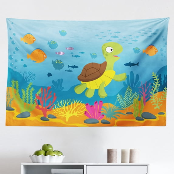Deep Sea Tapestry, Undersea World with a Ship Wreck and Different Inhabitants or Elements, Fabric Wall Hanging Decor for Bedroom Living Room Dorm, 2 Sizes, Cobalt Blue Multicolor, by Ambesonne