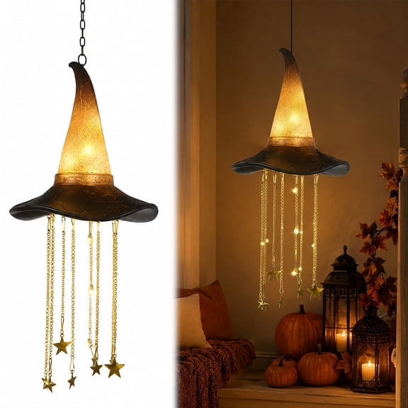 Yucurem Glowing Witch Hat Hanging Decor, Halloween Witch Hat with Cascading Star Lights, Lighted Hanging Decoration for Window, Porch, Tree, Mantel and Party (1pc)