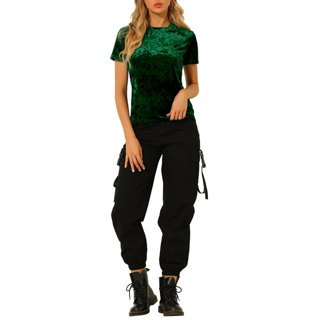 Camiseta de terciopelo de mujer Inspire Chic para fiesta, cuello redondo, manga corta, casual, talla L, verde