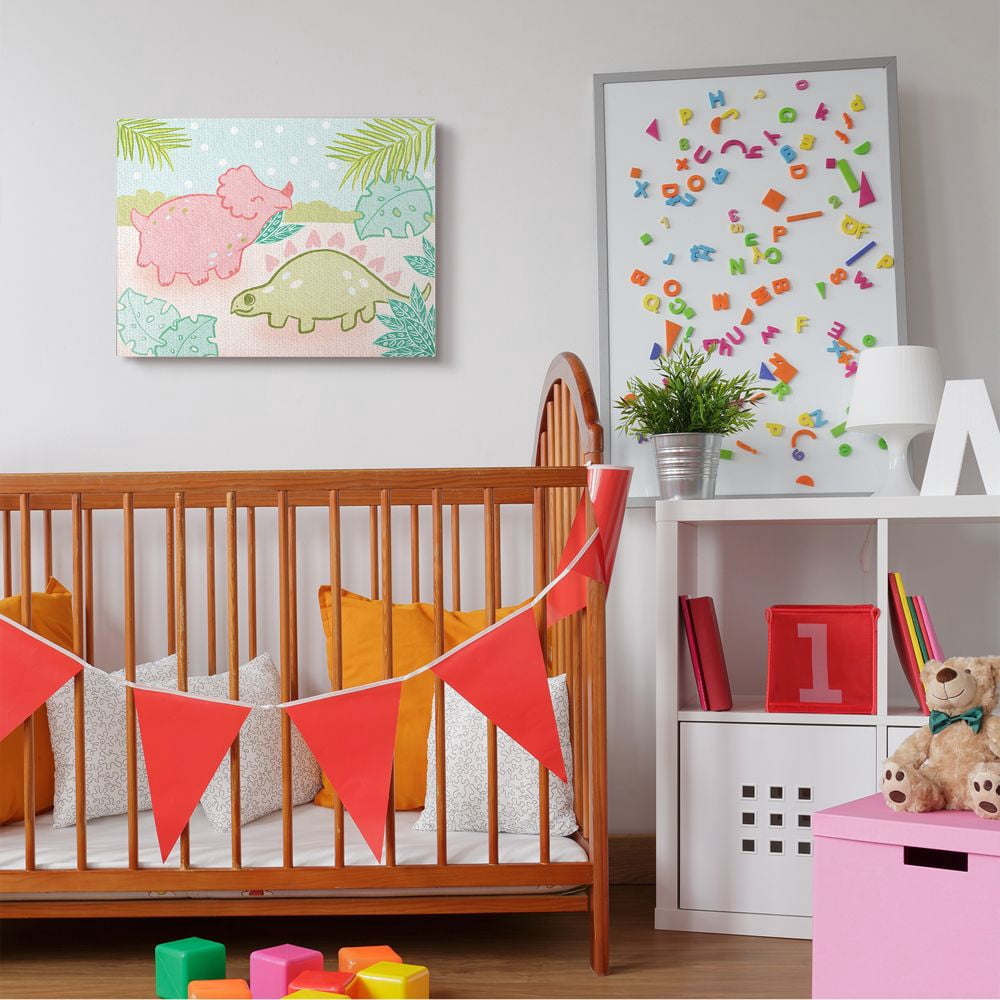 Stupell Industries Cute Dinosaurs Pink Green Kids Design Canvas Wall Art by Daphne Polselli