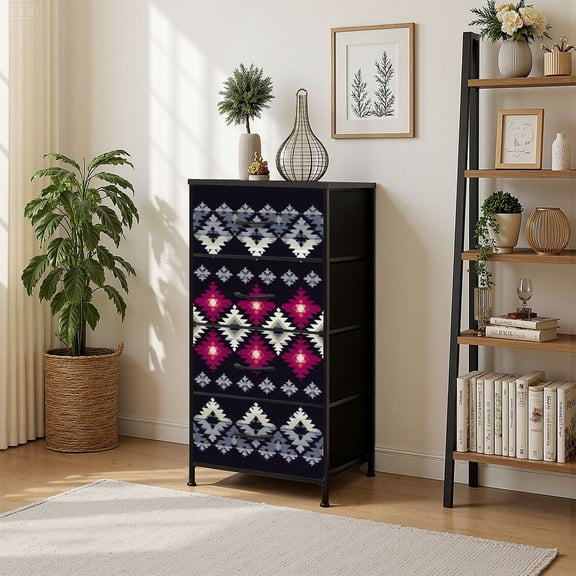 4 Drawer Vertical Storage Dresser Ethnic boho Traditional ornament Geometric Tribal Folk motif with Wood Top Fabric Pull Drawers