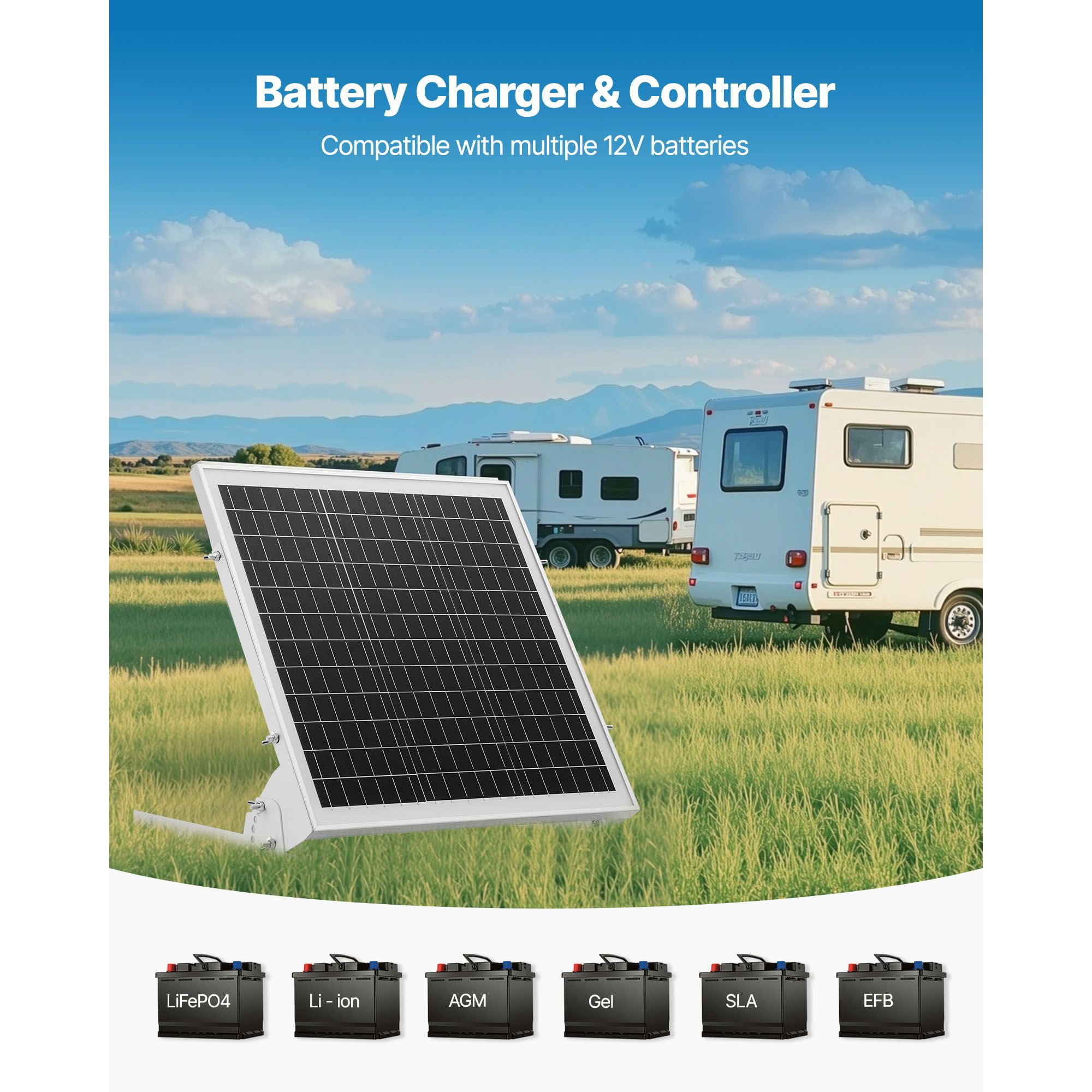 20W 12V Solar Panel Battery Charger with MPPT Controller IP67 Adjustable Bracket for Car RV Boat