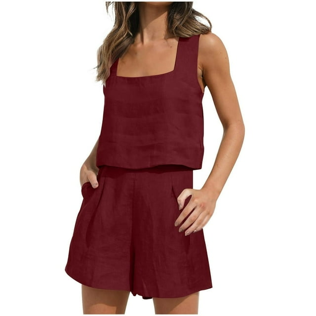 Womens 2 Piece Outfits Linen Square Neck Crop Tops Short Set 2023 Lounge Matching Sets Trendy Clothes Beach Summer
