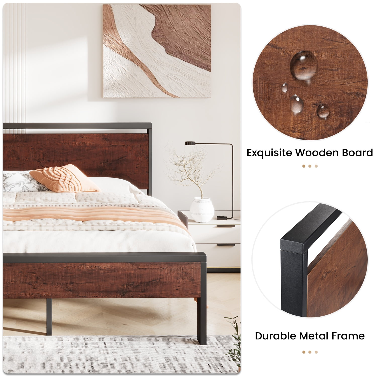 Sha Cerlin Walnut Queen Size Metal Platform Bed Frame with Wooden Headboard & Underbed Storage, Adult