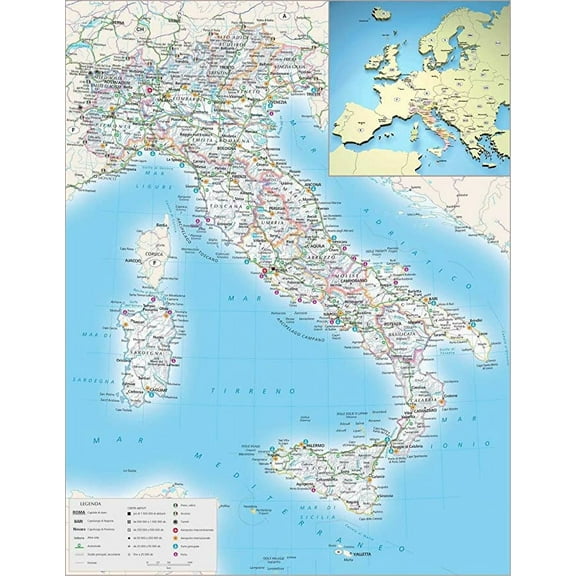 Iconic Arts Laminated 24x31 Poster: Maps of Italy Detailed map of Italy in English Tourist map of Italy Road map of Italy