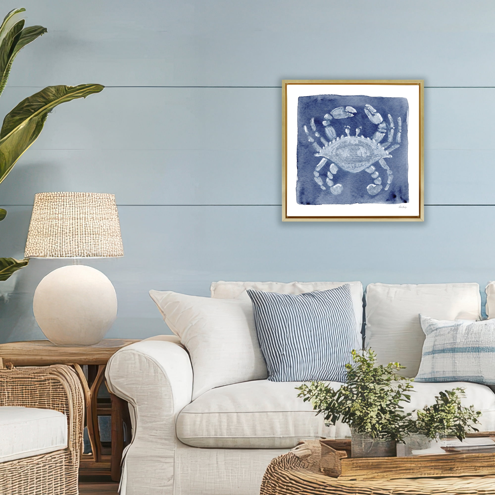 Stupell Industries White Crab on Indigo Gold Framed Floater Canvas Wall Art, design by Patti Bishop
