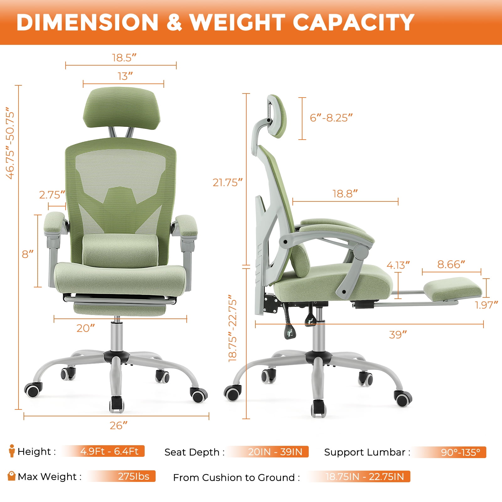 MAYEERTY Ergonomic Office Chair, High Back Adjustable Computer Desk Chair with Lumbar Support, 275lb, Gray