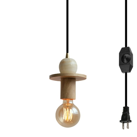 Kiven Plug-in Pendant Light, Modern Hanging Light with Wooden Holder and 15FT Plug in Cord, Dimmable Ceiling Pendant Light