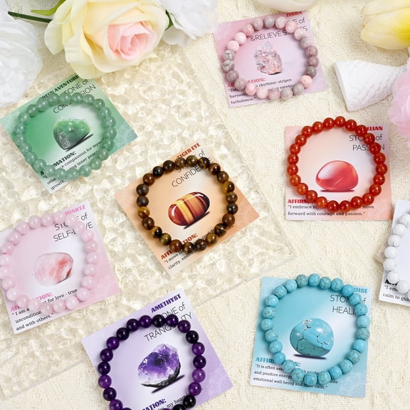 12PCS Natural Crystal Bracelets for Women Men - 8mm Semi-Precious Gemstone Beaded Bracelets, Round Gemstones Stretch Bracelet, Yoga Bracelets Jewelry Gifts