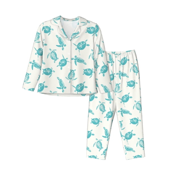 Balery Turtle Conjunto de Pijama con Estampado para Mujer, Conjunto de Dos Piezas con Manga Larga, Ropa de Dormir Suave con Bolsillos, Pijamas Cómodos-Large
