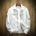 thumbnail image 3 of Joernso Jean Jacket Ripped Hole Solid Color Turndown Collar Streetwear Autumn Winter Loose Single Breasted Denim Jacket for Trip, 3 of 8