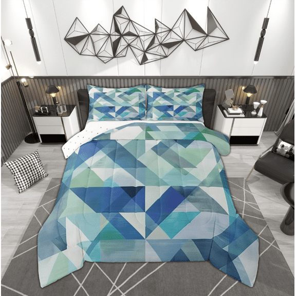 Manfei Geometric Abstract Bedding Comforter Set, Blue Square Rectangle Twin Comforter Sets, Teen Kid Child Adult Reversible Bedding Set, Breathable Home Decor, 2pcs